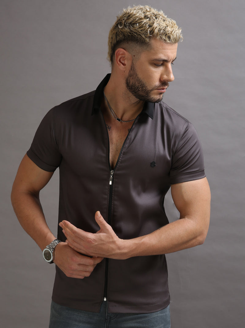 Grey Zipper Short Sleeve Shirt