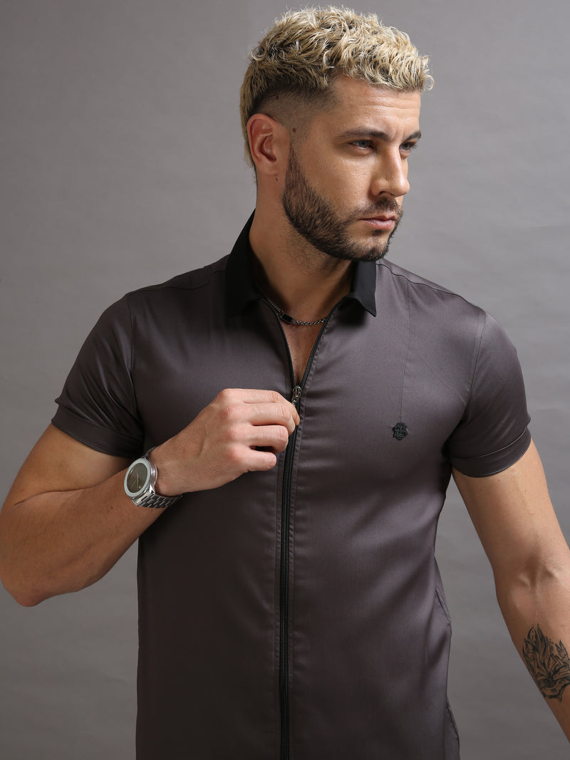 Grey Zipper Short Sleeve Shirt