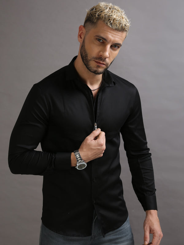 Hutspah Men’s Disco/Party Black Long Sleeve Button Front Shirt L