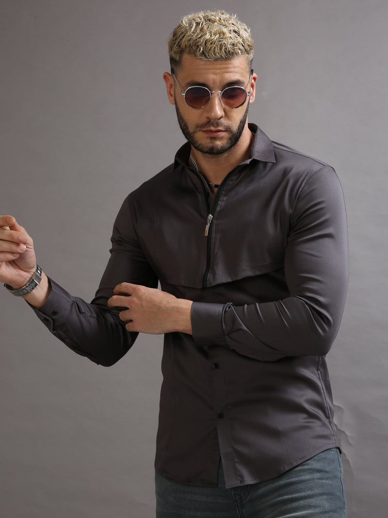 Zipper Waist Coat Shirt Grey