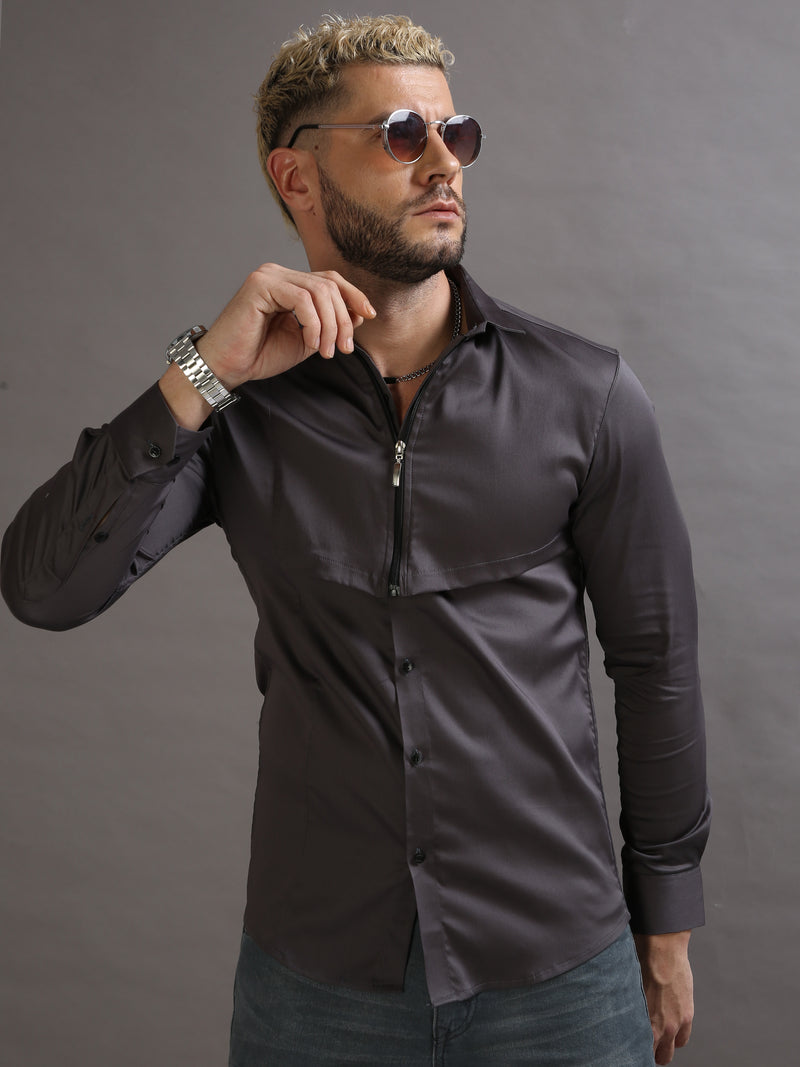 Zipper Waist Coat Shirt Grey