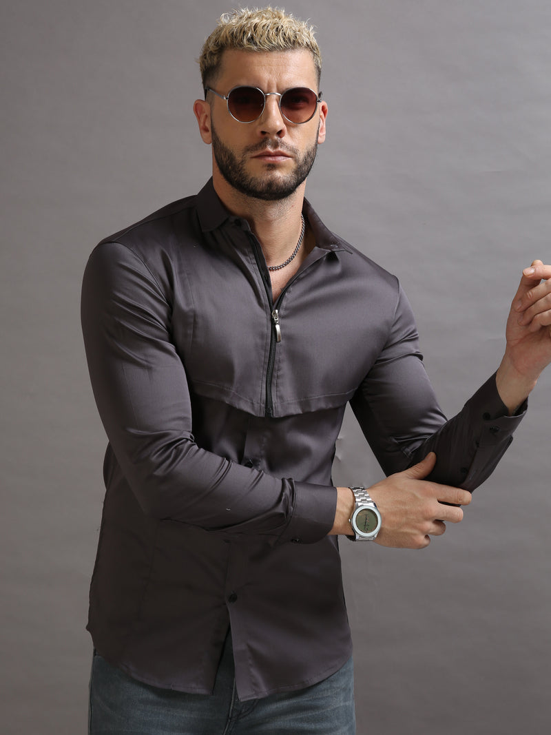 Zipper Waist Coat Shirt Grey