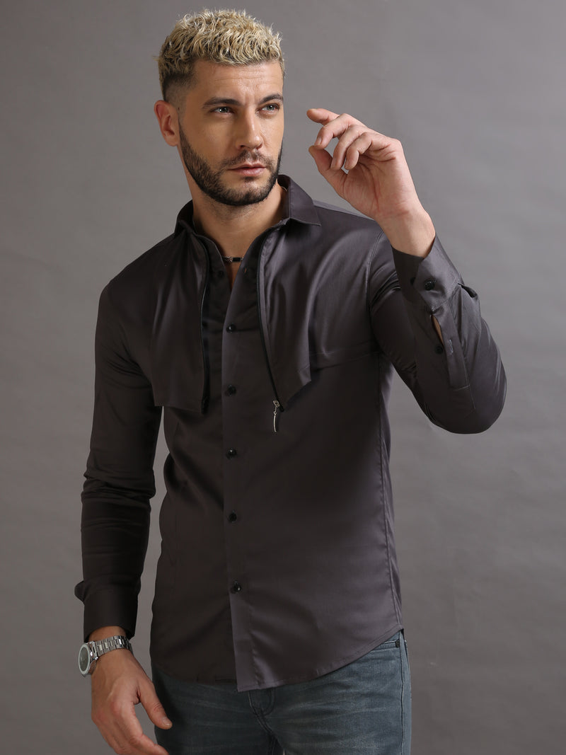 Zipper Waist Coat Shirt Grey