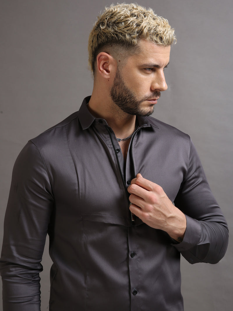 Zipper Waist Coat Shirt Grey